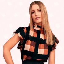 Blusa Xadrez Manga Jabour - Moda Casual Chic Blusa Xadrez Manga Jabour - Moda Casual Chic