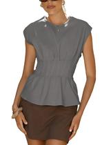 Blusa Yegthou Peplum Top de manga curta cinza de verão para mulheres Blusa Yegthou Peplum Top de manga curta cinza de verão para mulheres