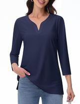 Blusa YUCOLEN Summer de manga 3/4 com decote em V para mulheres azul marinho L