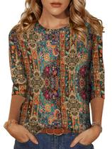Blusa Zeagoo Boho para mulheres com gola redonda e manga 3/4, caimento solto