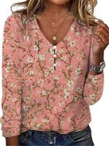 Blusa ZOCANIA Bohemian Floral com botões e decote em V de manga comprida Blusa ZOCANIA Bohemian Floral com botões e decote em V de manga comprida