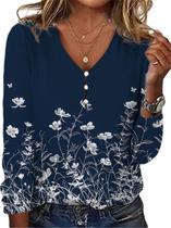 Blusa ZOCANIA Bohemian Floral com botões e decote em V para mulheres Blusa ZOCANIA Bohemian Floral com botões e decote em V para mulheres