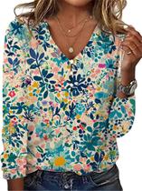 Blusa ZOCANIA Bohemian Floral com botões e decote em V para mulheres Blusa ZOCANIA Bohemian Floral com botões e decote em V para mulheres
