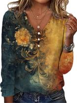 Blusa ZOCANIA Bohemian Floral com botões e decote em V para mulheres Blusa ZOCANIA Bohemian Floral com botões e decote em V para mulheres