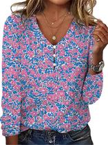 Blusa ZOCANIA Bohemian Floral com botões e decote em V para mulheres Blusa ZOCANIA Bohemian Floral com botões e decote em V para mulheres