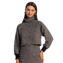 Blusão Cropped Feminino Gola Alta Malha Tweed