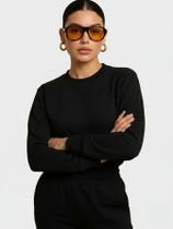 Blusão de Moletom Feminino Clássico Gola Careca Preto inverno Gola Redonda - Casacos femininos Blusão de Moletom Feminino Clássico Gola Careca Preto inverno Gola Redonda - Casacos femininos