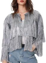 Blusão feminina ROMRUM com franja de lantejoulas Bomber Silver XL