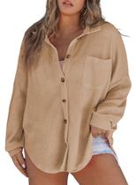 Blusão Shacket Eytino feminino plus size de manga comprida cáqui 5X