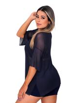 Blusao Tule Feminina Fitness Academia Manga Curta Azul Marinho