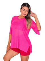 Blusao Tule Feminina Fitness Academia Manga Curta Cor:Rosa Pink