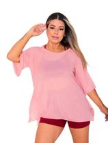 Blusao Tule Feminina Fitness Academia Manga Curta Cor Rose