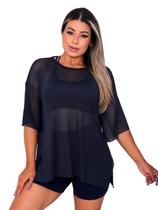 Blusao Tule Feminina Manga Curta Fitness Academia Azul Marinho