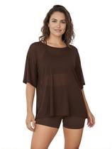 Blusao Tule Feminina Manga Curta Fitness Academia Marrom Cor:MarromTamanho:Único