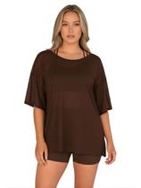 Blusao Tule Feminina Manga Curta Fitness Academia Marrom Tamanho:ÚnicoCor:Marrom