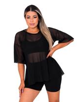 Blusao Tule Feminina Manga Curta Fitness Academia Preto