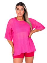 Blusao Tule Feminina Manga Curta Fitness Academia Rosa Pink