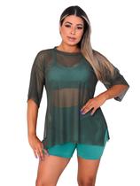 Blusao Tule Feminina Manga Curta Fitness Academia Verde Militar