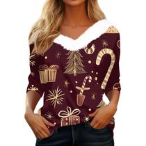 Blusas COTECRAM Suéteres de Natal com manga 3/4 com decote em V para mulheres