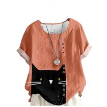Blusas de algodão domirica para mulheres folgadas com estampa de gato rosa Blusas de algodão domirica para mulheres folgadas com estampa de gato rosa