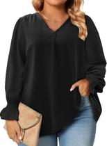 Blusas de chiffon Eytino femininas plus size de manga comprida com decote em V pretas