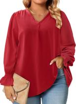 Blusas de chiffon Eytino femininas plus size de manga comprida com decote em V vermelhas 2X Blusas de chiffon Eytino femininas plus size de manga comprida com decote em V vermelhas 2X