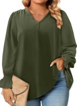 Blusas de chiffon femininas Eytino plus size de manga comprida com decote em V 2X Blusas de chiffon femininas Eytino plus size de manga comprida com decote em V 2X