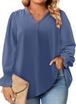 Blusas de chiffon femininas Eytino plus size de manga comprida com decote em V 2X Blusas de chiffon femininas Eytino plus size de manga comprida com decote em V 2X