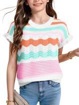 Blusas de crochê boho para meninas WIFFGO, adolescentes, fofas, listradas de primavera e verão, colete, manga curta, babados, roupas casuais, rosa