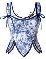 Blusas de espartilho Scarlet Darkness Floral Renaissance para mulheres, corpete com cadarço e osso para o Halloween, azul e branco 8