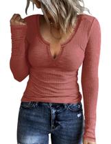 Blusas de manga comprida AKEWEI com decote em V canelado para mulheres rosa pêssego Blusas de manga comprida AKEWEI com decote em V canelado para mulheres rosa pêssego