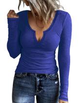 Blusas de manga comprida AKEWEI femininas com decote em V, malha canelada, azul royal