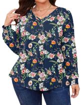 Blusas de manga comprida TFSDOD Pretty Garden azul marinho para mulheres