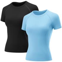 Blusas de treino femininas LOMON, manga curta, secagem rápida, pacote com 2 unidades, preta/azul claro