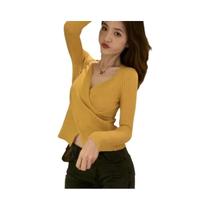 Blusas De Tricô Femininas De Manga Longa Com Decote Em V, Pulôveres Casuais Elásticos Para Outono E