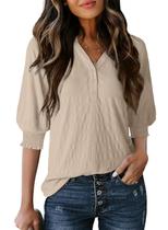 Blusas Dokotoo para mulheres, elegantes, casuais, de verão, lanterna, meia manga, túnica solta, blusas modernas, camisetas cáqui texturizadas com botões, blusas médias