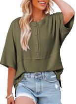 Blusas Dokotoo para mulheres, modernas, elegantes de 2025, casuais, gola redonda, soltas, manga 3/4, manga sino, malha waffle, patchwork, roupas de negócios, camisas de botão femininas grandes, de verão, verdes, médias
