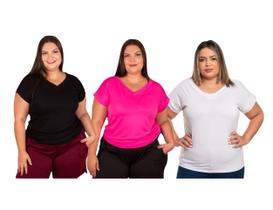 Blusas Femininas Camiseta Básica Lisa Manga Curta Plus Size Kit 3 Cores - INFLUENCIA LC MODAS