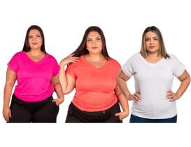 Blusas Femininas Camiseta Básica Lisa Manga Curta Plus Size Kit 3 Cores