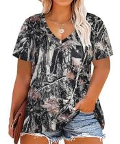Blusas femininas CARCOS plus size, camuflagem de verão, decote em V, verde, cinza Blusas femininas CARCOS plus size, camuflagem de verão, decote em V, verde, cinza