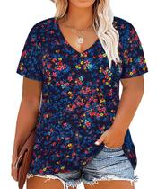 Blusas femininas CARCOS plus size, florais de verão, com decote em V, azul marinho Blusas femininas CARCOS plus size, florais de verão, com decote em V, azul marinho