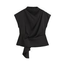 Blusas Femininas com Gravata Borboleta - Manga Curta, Zíper Traseiro - Moda Chique