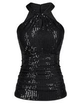 Blusas femininas com lantejoulas brilhantes GRACE KARIN, gola gargantilha preta M