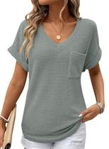Blusas femininas de verão Dokotoo para mulheres, roupas modernas de 2025, blusas de primavera, túnica moderna, waffle, tricotadas, elegantes, casuais, fofas, grandes, camisetas com decote em V, camisetas básicas
