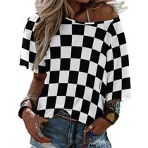 Blusas femininas Ykklima, preta e branca, estampa de bandeira quadriculada, sexy, camiseta casual de manga curta, 2GG