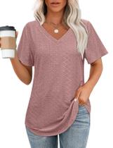 Blusas OFEEFAN Summer Loose Fit, decote em V, bainha curva, rosa escuro, 3GG