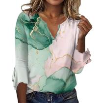 Blusas TBILILO Boho para mulheres com babados, manga 3/4, decote em V, caimento solto Blusas TBILILO Boho para mulheres com babados, manga 3/4, decote em V, caimento solto