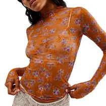 Blusas transparentes, fabulosas, manga comprida, gola simulada, malha de renda para mulheres