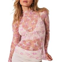 Blusas transparentes Fabumily de manga comprida, gola simulada, malha de renda, roxa, L