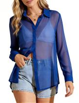 Blusas transparentes para mulheres Flygo, manga comprida, com botões